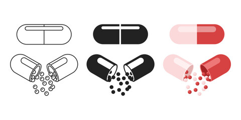 Pill icon set collection in flat style. Drug vector illustration on isolated background. Medicine pharmacy sign business concept.