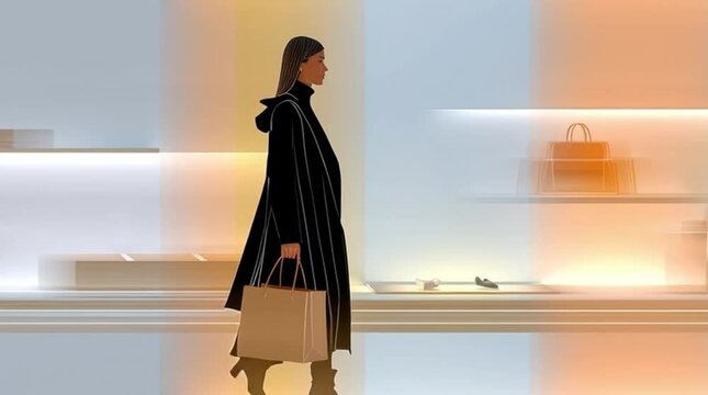 Elegant female personal shopper in luxury boutique with designer shopping bag, animated illustration, 4K video