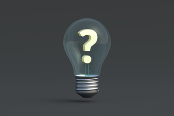 Question mark in lightbulb. Brainstorming concept. Startup idea. Creative thinking. Problem solving. Search and analysis. Faq and support. 3d render