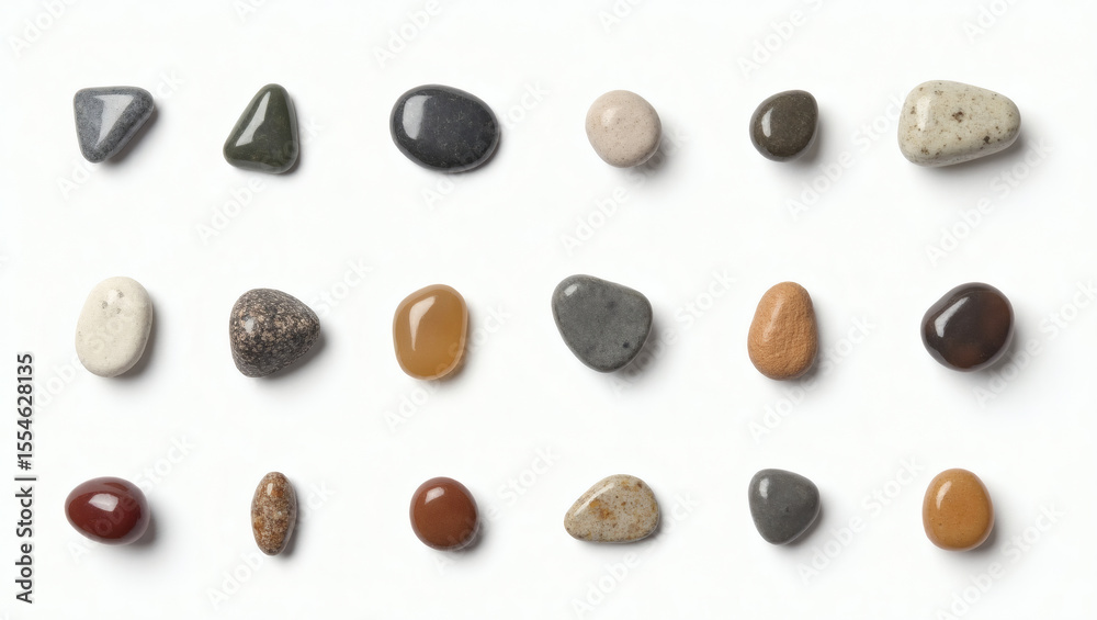 Poster a collection of assorted colorful stones arranged in neat rows, presenting a variety of shapes and hues
