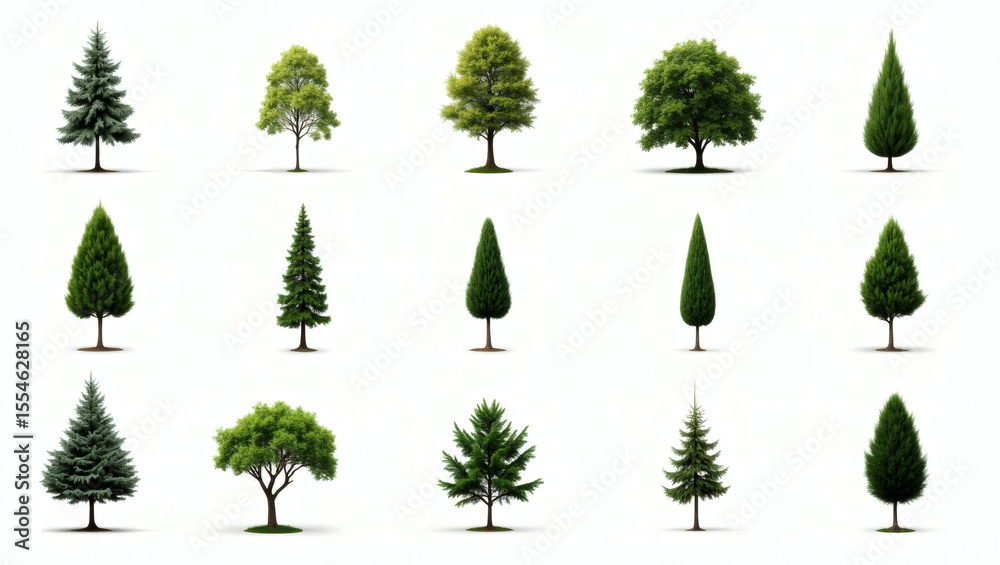 Poster collection of various tree types on white background