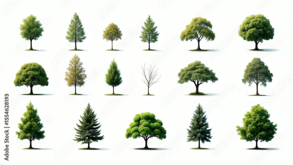 Aufkleber Collection of various green trees of different types and sizes, perfect for design use