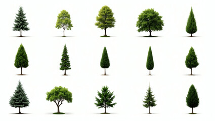 Collection of various tree types on white background 