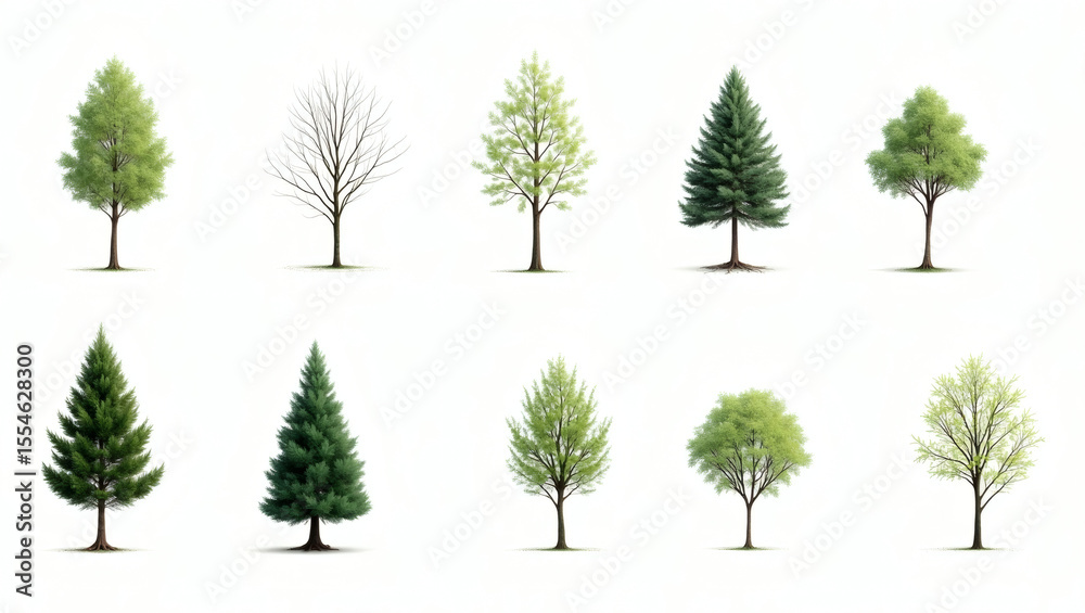 Poster An array of various trees with lush green foliage and bare branches, showcasing a diverse range of tree types in nature