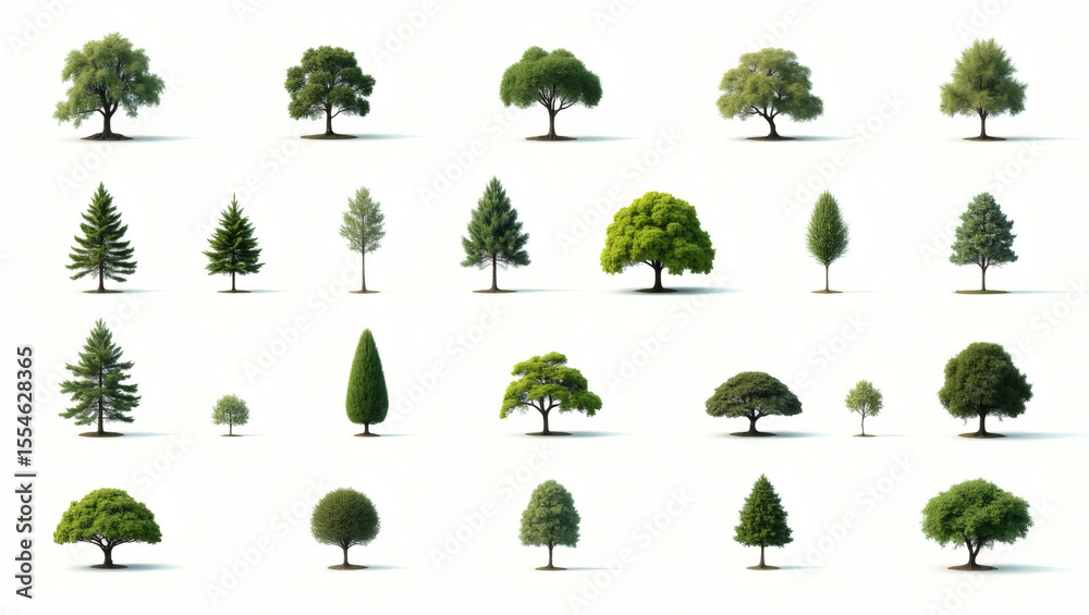 Aufkleber collection of various tree species captured from the same angle, offering a comprehensive view of their distinct forms and foliage