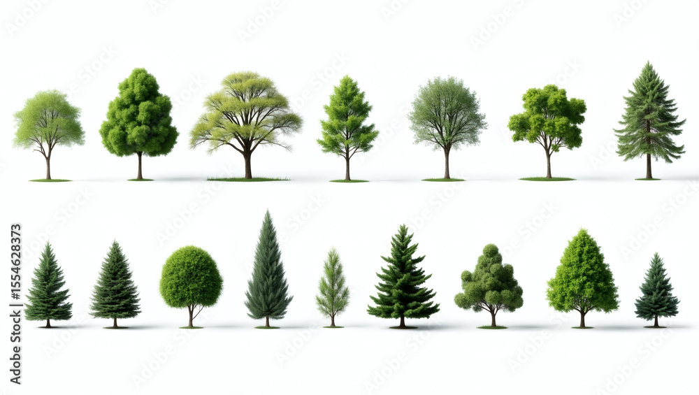 Poster a collection of various tree species in a row, showcasing diversity and natural beauty. each tree st