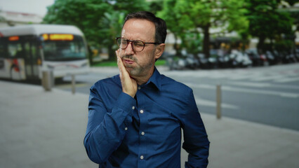 Man experiencing tooth pain standing outdoors in city with bus in background showing discomfort and...