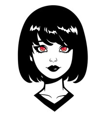 Stylized face of a teenage girl with short black hair.
