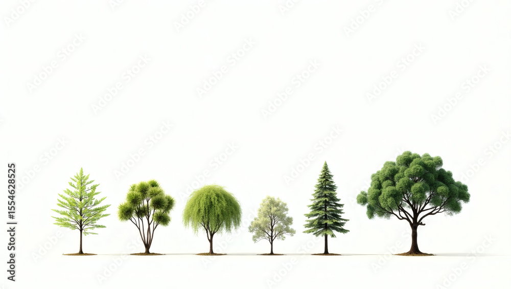 Poster a collection of diverse trees in a row, showcasing different shapes and foliage