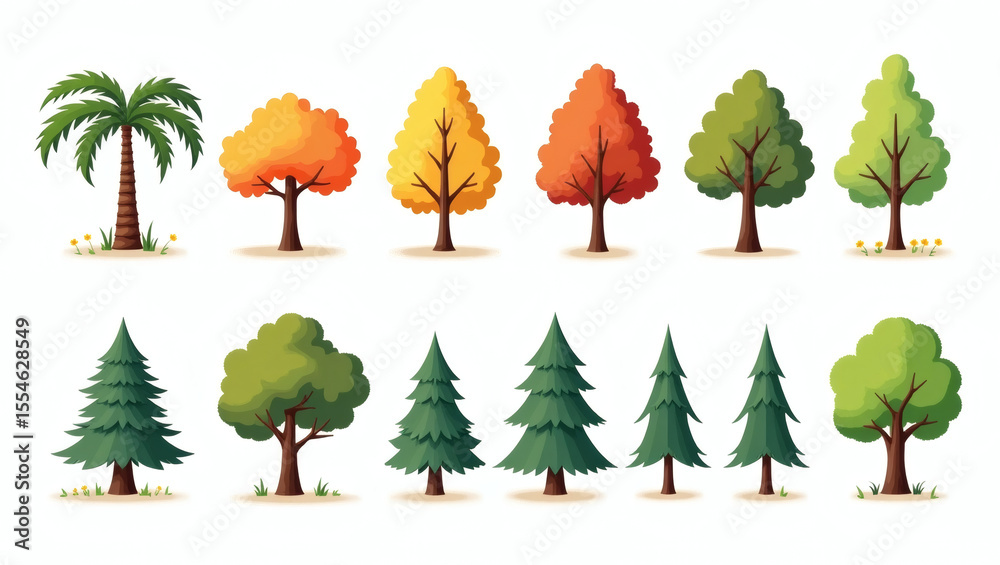 Aufkleber a vibrant collection of diverse trees in various shapes and colors, creating a harmonious forest scene
