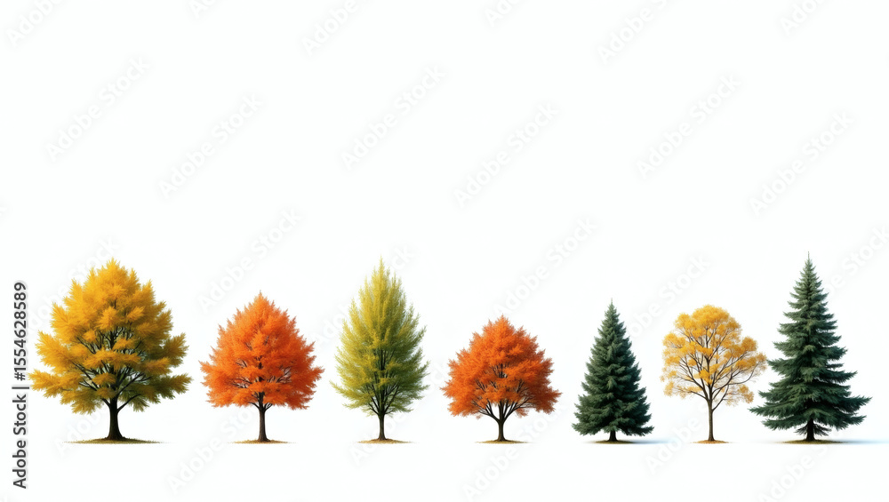 Poster A row of colorful trees in a variety of shapes and sizes