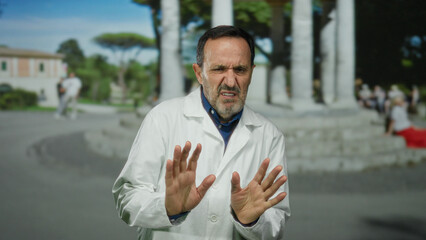 Fototapeta premium Hispanic man in a white coat making a defensive gesture in an urban park setting, with blurred trees and people in the background, conveying discomfort or unease.