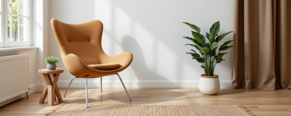 Fototapeta premium Beige Armchair in a Modern Minimalist Living Room with Natural Light