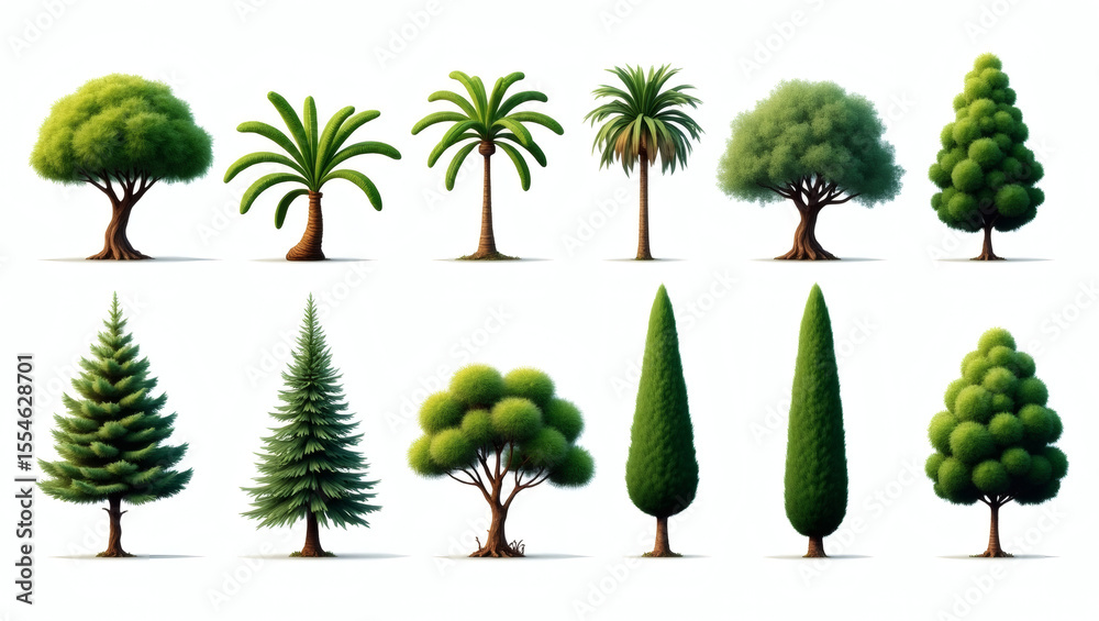 Aufkleber Various Types of Trees Isolated on a Plain Background