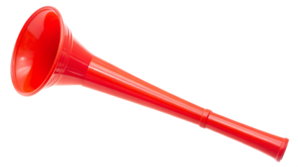 Bright red vuvuzela horn isolated on a transparent background plastic sports