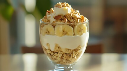 Serving of yogurt with muesli banana and nuts