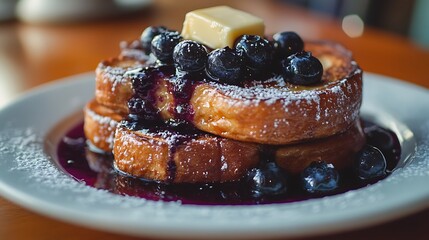 Serving of french toast topped with melting butter and a blueberry compote