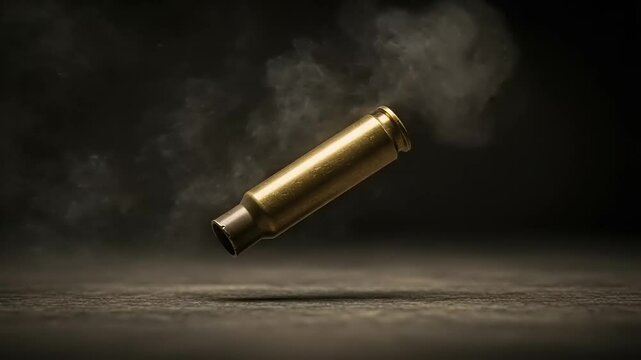 A close-up view of a floating bullet casing surrounded by smoke, creating a dramatic atmosphere