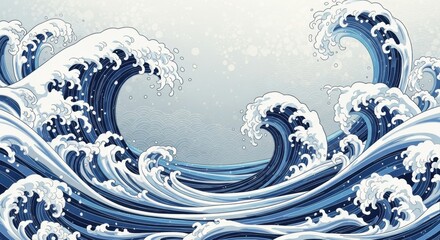 A beautiful digital painting of large, powerful ocean waves in a classic Japanese woodblock art style, with a subtle wave pattern in the background.