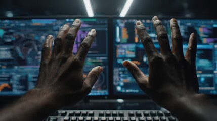 Hands of a data analyst hovering over multiple screens filled with visual data analytics and software metrics in a modern workspace