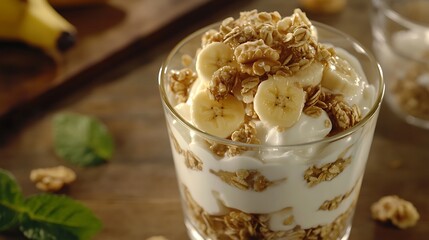 Serving of yogurt with muesli banana and nuts