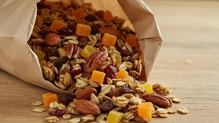 A close-up view of a spilled bag of granola with nuts and dried fruits on a wooden surface