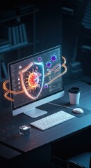 Digital Illustration of Computer Screen Displaying Virus and Shield Concept in Dark Office Setting