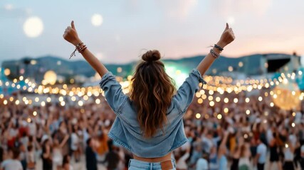 Woman shows thumbs up at music festival. Happy female in crowd raising arms during live concert event. Outdoor party footage.