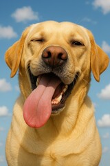 Happy dog winking outdoors skyward.