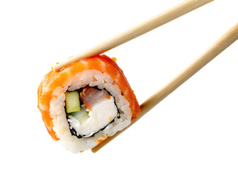 Chopsticks holding salmon sushi roll isolated on a transparent background rice cucumber