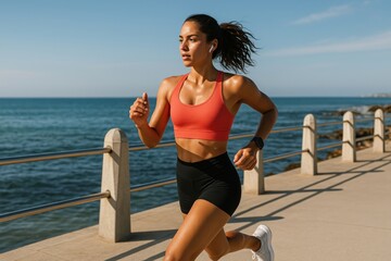Woman running seaside path