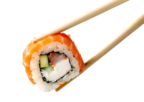Chopsticks holding salmon sushi roll isolated on a transparent background rice cucumber