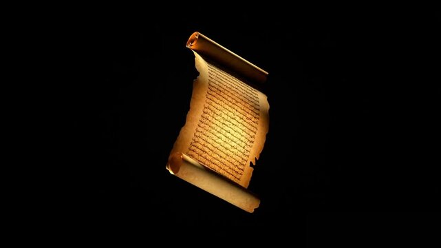 Floating open scroll glowing with script, isolated in black background