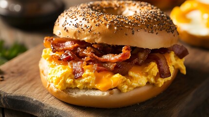 Sesame bagel with scrambled eggs fried bacon and cheddar cheese