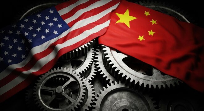 A concept of the US-China trade war and industrial competition, with the American and Chinese flags covering a system of large metal gears.
