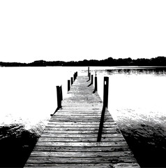 Obraz premium dock extending into a lake, view at an angle from water in the lake, silhouette, black on white background for a t shirt