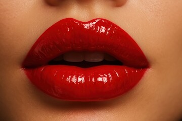 Glossy red lips close-up