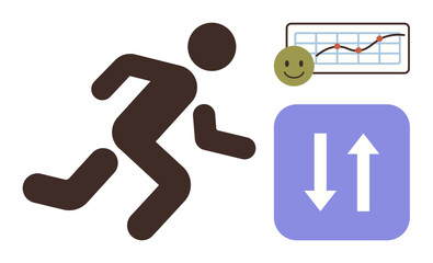 Person running symbolizes progress, chart displays performance, happy face reflects motivation, arrows indicate upward and downward movement. Ideal for success, motivation, fitness, analysis, growth