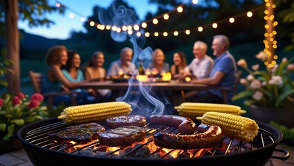Evening BBQ Feast: A captivating barbecue scene unfolds, with succulent grilled meats and corn on the cob sizzling over hot coals, illuminated by the soft glow of string lights. In the background.