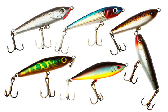 Colorful fishing lures with treble hooks isolated on a transparent background artificial bait