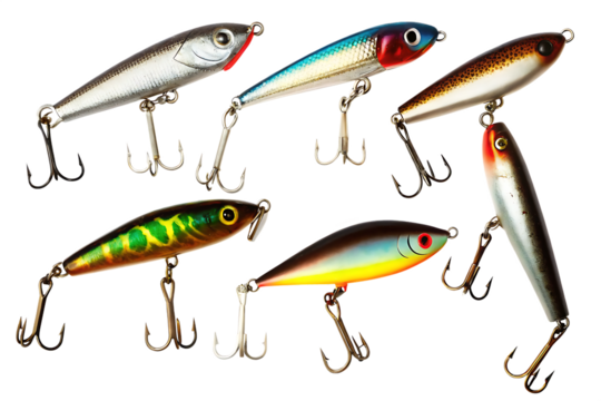 Colorful fishing lures with treble hooks isolated on a transparent background artificial bait