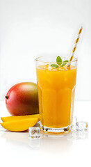 Fototapeta premium Fresh mango drink in clear glass with sliced mango and mint garnish.
