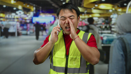 Man in a yellow vest talking on smartphone at a busy airport terminal with blurred background...