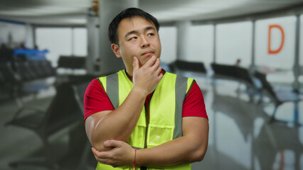 Young man in reflective vest stands thoughtfully in an empty airport terminal with seating...