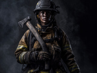 Fototapeta premium Portrait of a woman firefighter, covered in soot, standing tall with an axe or oxygen tank — strong, gritty, real.