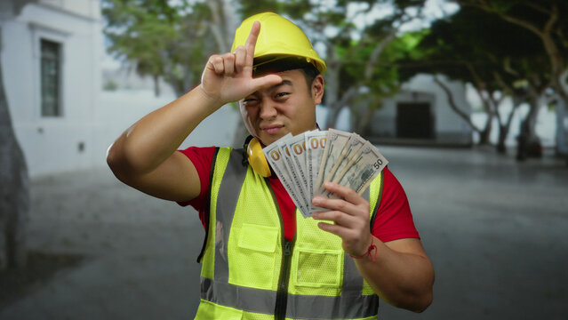 Construction worker in a hard hat and safety vest, stands proudly on a city street holding us dollar bills, with a playful expression, suggesting success or wealth.
