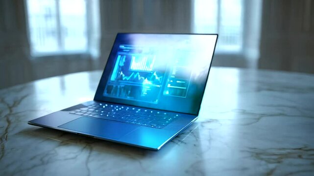 Modern laptop on a marble surface with a futuristic screen display.