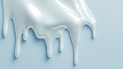 Close-up of white liquid dripping on light blue background.