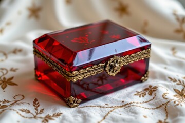 Red Glass Antique Jewelry Box on Fabric