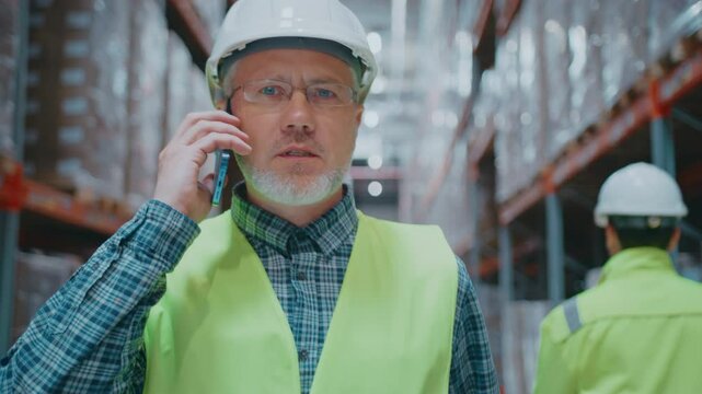 Confident mature man with short gray beard wearing helmet and vest. Speaking on smartphone in warehouse. Looking ahead. Resolving issue or leading conversation during supply operation.